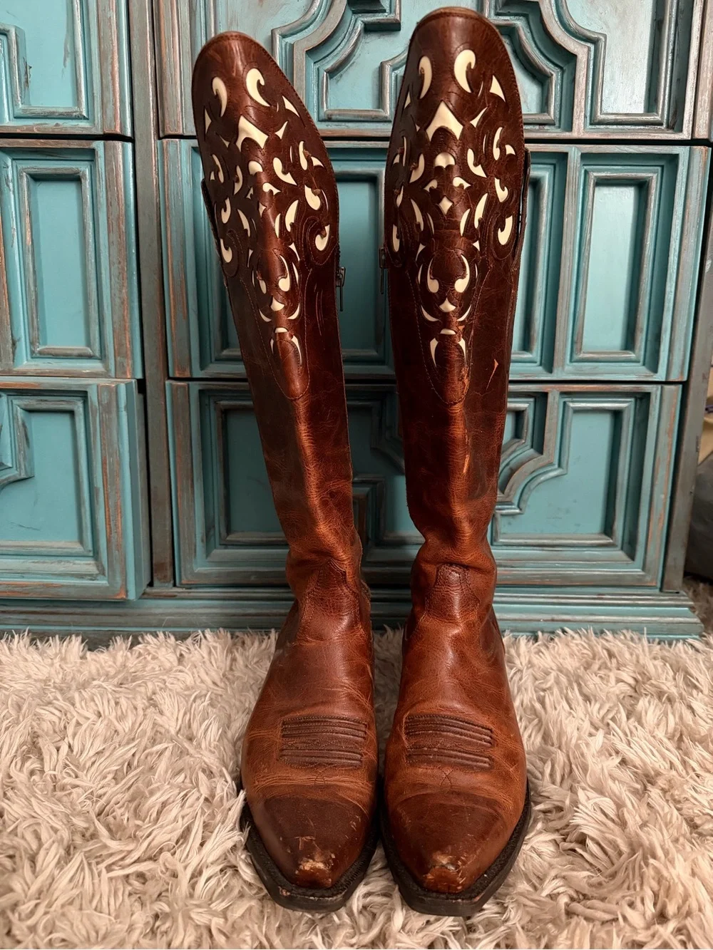 Artiat Knee-High Western Pointed Toe Boots with Cream Detailing. Size 10